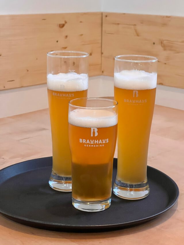 Germeringer Brauhaus Bier in vierschiedenen Biergläsern mit Brauhaus Logo