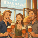 Illustration mit drei fröhlichen Menschen die zusammen lachen mit einem kühlen Bier im Brauhaus Germering.