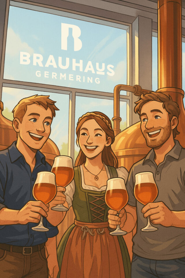 Illustration mit drei fröhlichen Menschen die zusammen lachen mit einem kühlen Bier im Brauhaus Germering.