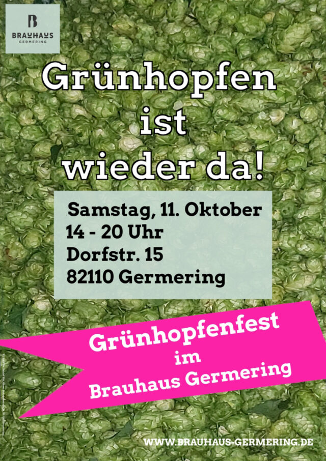 Plakat zum Grünhopfenfest im Brauhaus Germering. Hintergrund aus frischen grünen Hopfendolden. Text: ‚Grünhopfen ist wieder da! Samstag, 11. Oktober, 14–20 Uhr, Dorfstr. 15, 82110 Germering. Grünhopfenfest im Brauhaus Germering.