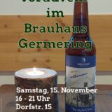 15.11.2025: Voradvent im Brauhaus, 16 - 21 Uhr mit kleinem Markt. Das Bild zeigt eine Flsche germeringer Trosthammer Bier neben einer weihnachtlichen Kerze.