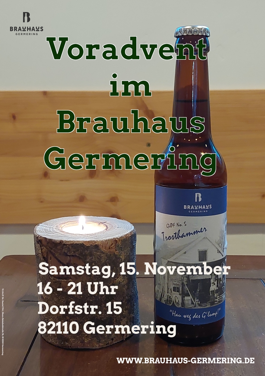 15.11.2025: Voradvent im Brauhaus, 16 - 21 Uhr mit kleinem Markt. Das Bild zeigt eine Flsche germeringer Trosthammer Bier neben einer weihnachtlichen Kerze.