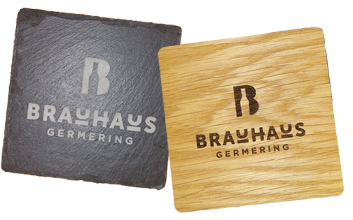 Bierfilzl aus Schiefer oder oder Eiche mit Brauhaus Germering Logo