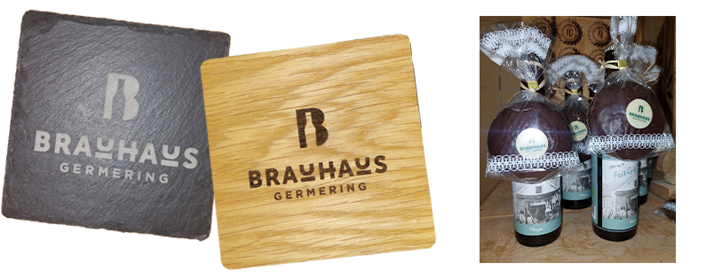 Bierfilzl aus Schiefer oder oder Eiche mit Brauhaus Germering Logo und guter Brauhaus Germering Lebkuchen